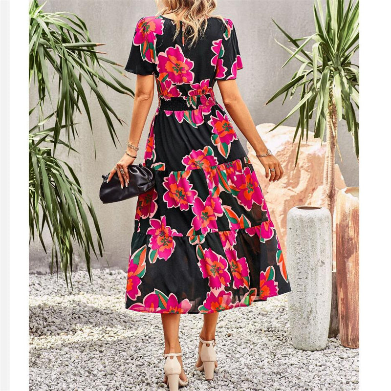 Floral Print Short Sleeve Maxi Dress in Various Colors