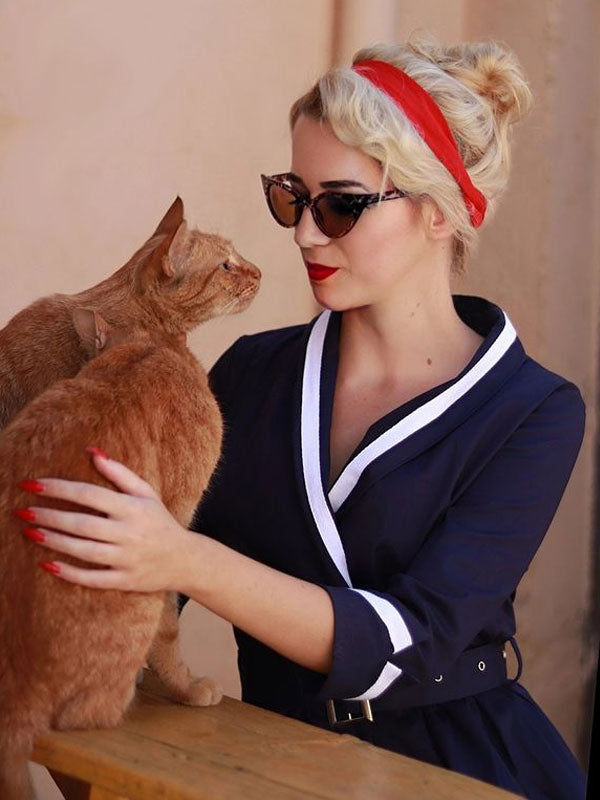 Vintage Dresses 1950s Audrey Hepburn Style Dark Navy Two Tone Belted Long Sleeve V Neck Midi Dress