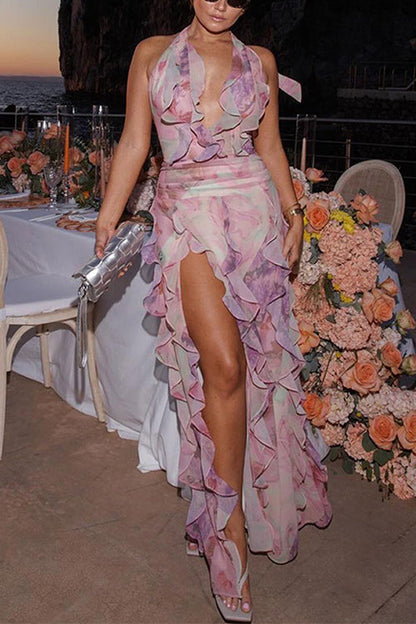 Dreamy Ruffle Halter V Neck Slit Watercolor Floral Maxi Dress
