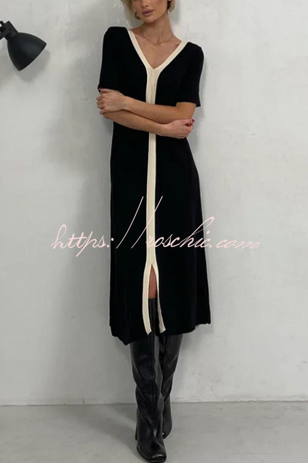 Fashionable V-neck Slim Fit Waist Knitted Midi Dress
