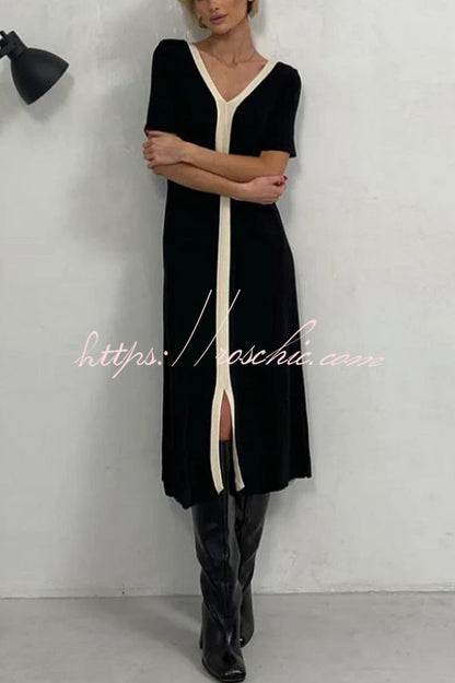Fashionable V-neck Slim Fit Waist Knitted Midi Dress