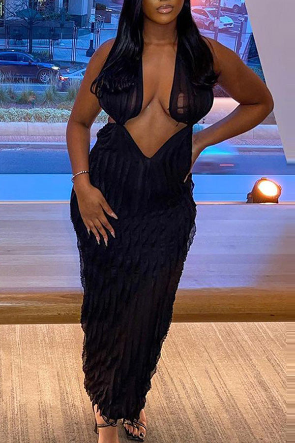 Wavy Pattern Sexy Wrap-Breast Strappy Maxi Dress