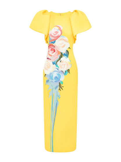 Short Sleeves Floral Printed Split-back Round-neck Maxi Dresses