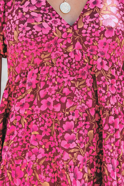 Rose Floral Print Puff Sleeve Babydoll Mini Dress