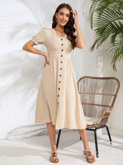 A-Line Dress Short Sleeves Buttons V-Neck Summer Casual Midi Dresses