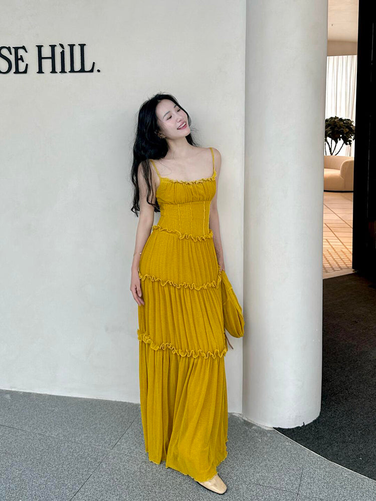 Mustard Yellow Ruched Ruffle Maxi Dress – Chic & Bright Summer Statement