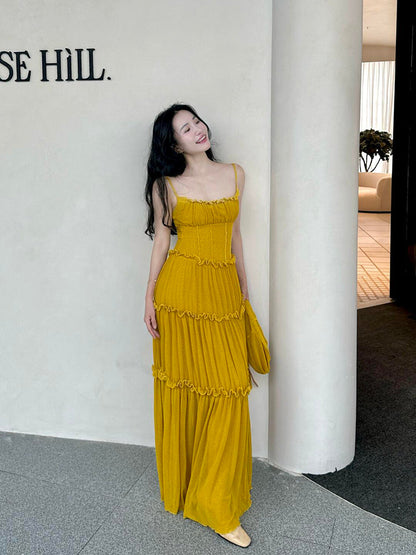 Mustard Yellow Ruched Ruffle Maxi Dress – Chic & Bright Summer Statement