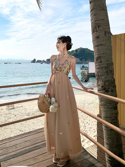 Sparkly French Halter Maxi Dress – Sexy Backless Gown for Beach Vacay