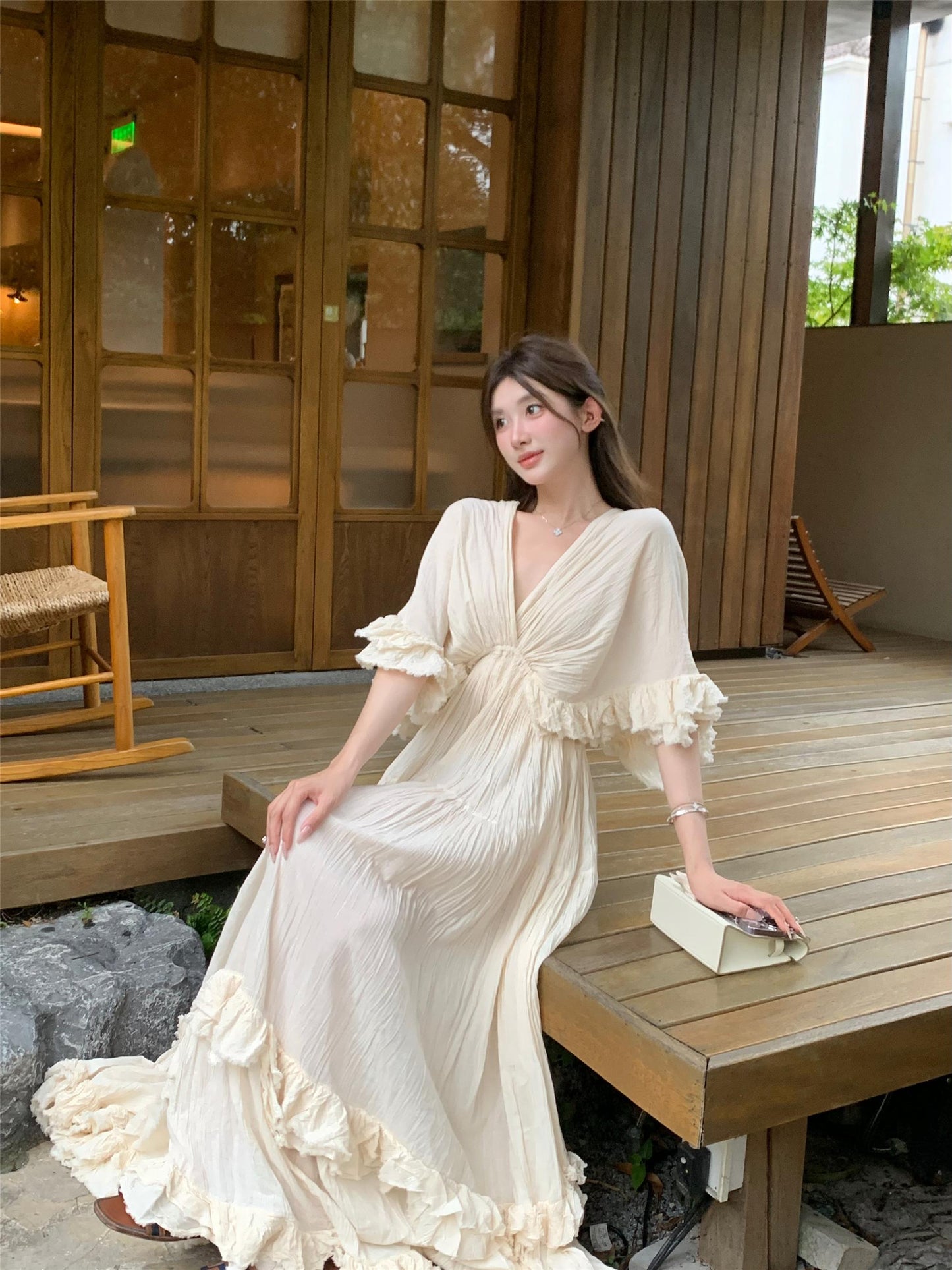 Tailande Linen Maxi Dress – V-Neck Ruffle Goddess Gown with 10-Meter Full Hem