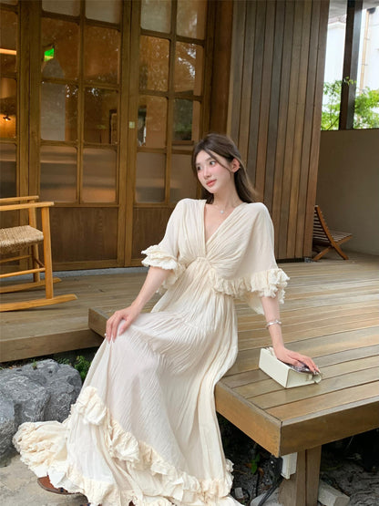 Tailande Linen Maxi Dress – V-Neck Ruffle Goddess Gown with 10-Meter Full Hem
