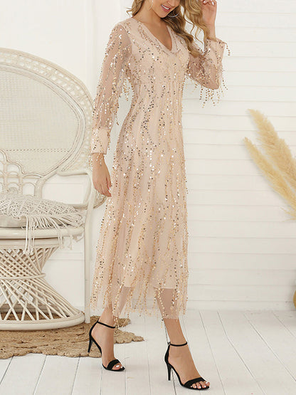 Long Sleeves Loose Gauze Pockets See-Through Sequined Split-Joint V-Neck Evening Dresses Midi Dresses
