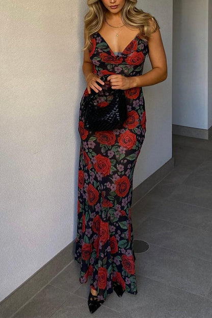 Adjustable Strap Backless Rose Print Maxi Dress
