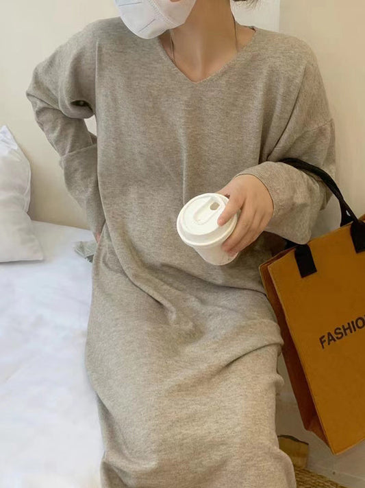 Long Sleeves Loose Solid Color V-Neck Midi Dresses Sweater Dresses