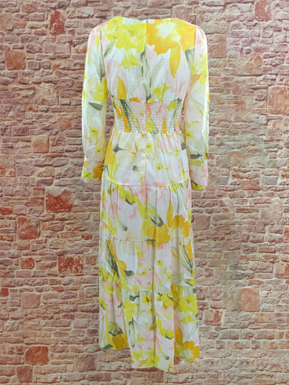 Maxi Dress V-Neck Long Sleeves Bohemian Floral Print Layered Pleated Long Dress