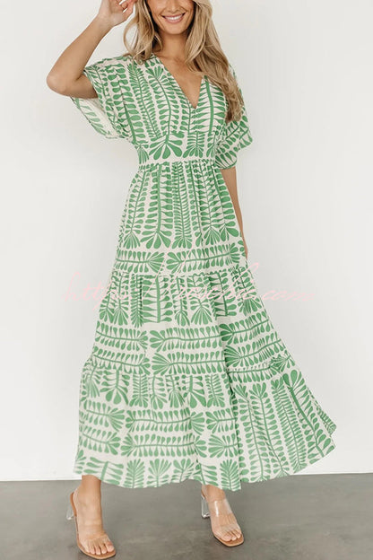 Bohemian Style Unique Printed Short Sleeve High Waist Midi Dress