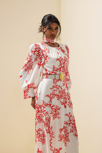 Botanical Print Lantern Sleeve Midi Dress With Belt
