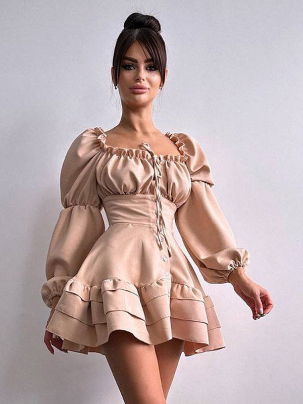 Mini Dresses Black Long Sleeves Pleated Polyester Layered Short Dress For Women