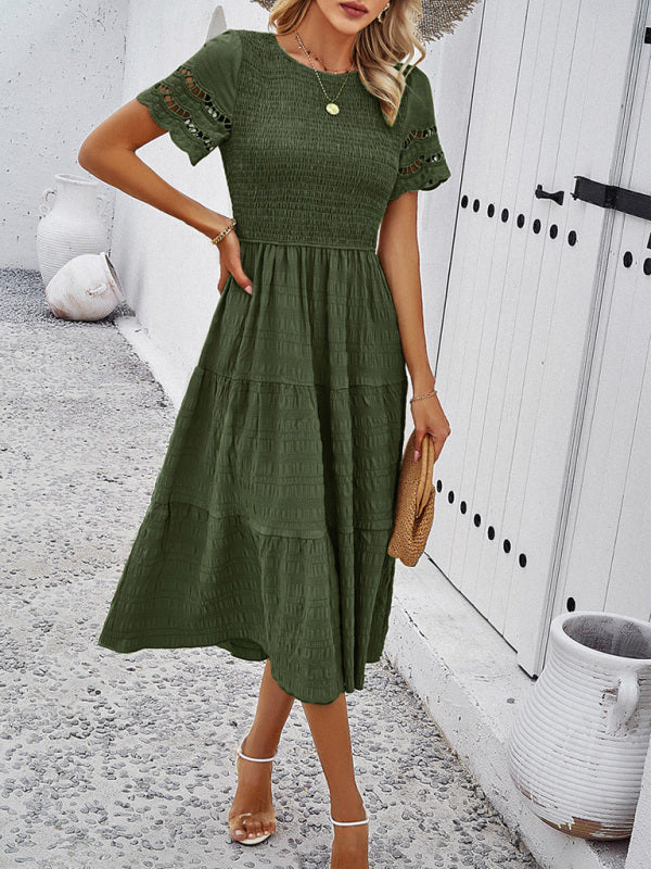 Blue Zone Planet | Solid Color Short Sleeve Cutout Midi Dress
