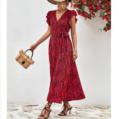 Stylish V-Neck Split Print Maxi Dress Available in Colors