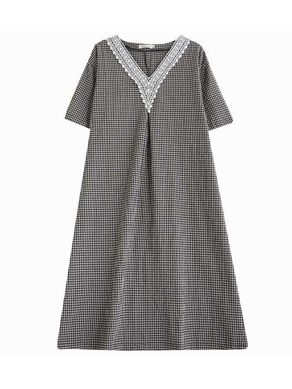 A-Line Half Sleeves Plaid Pleated Split-Joint V-Neck Midi Dresses