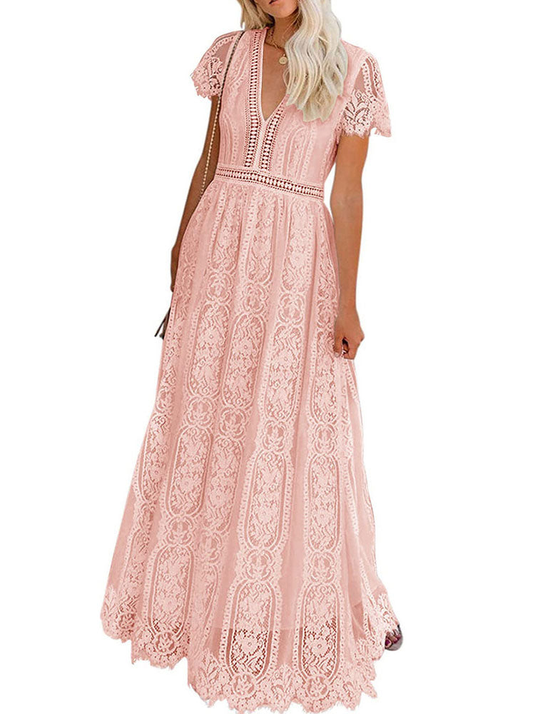 Maxi Dress V-Neck Short Sleeves Casual Long Dress