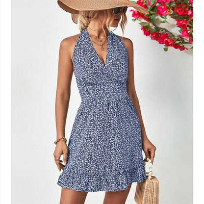 Stylish Halter Neck Open Back Ruffle Mini Dress