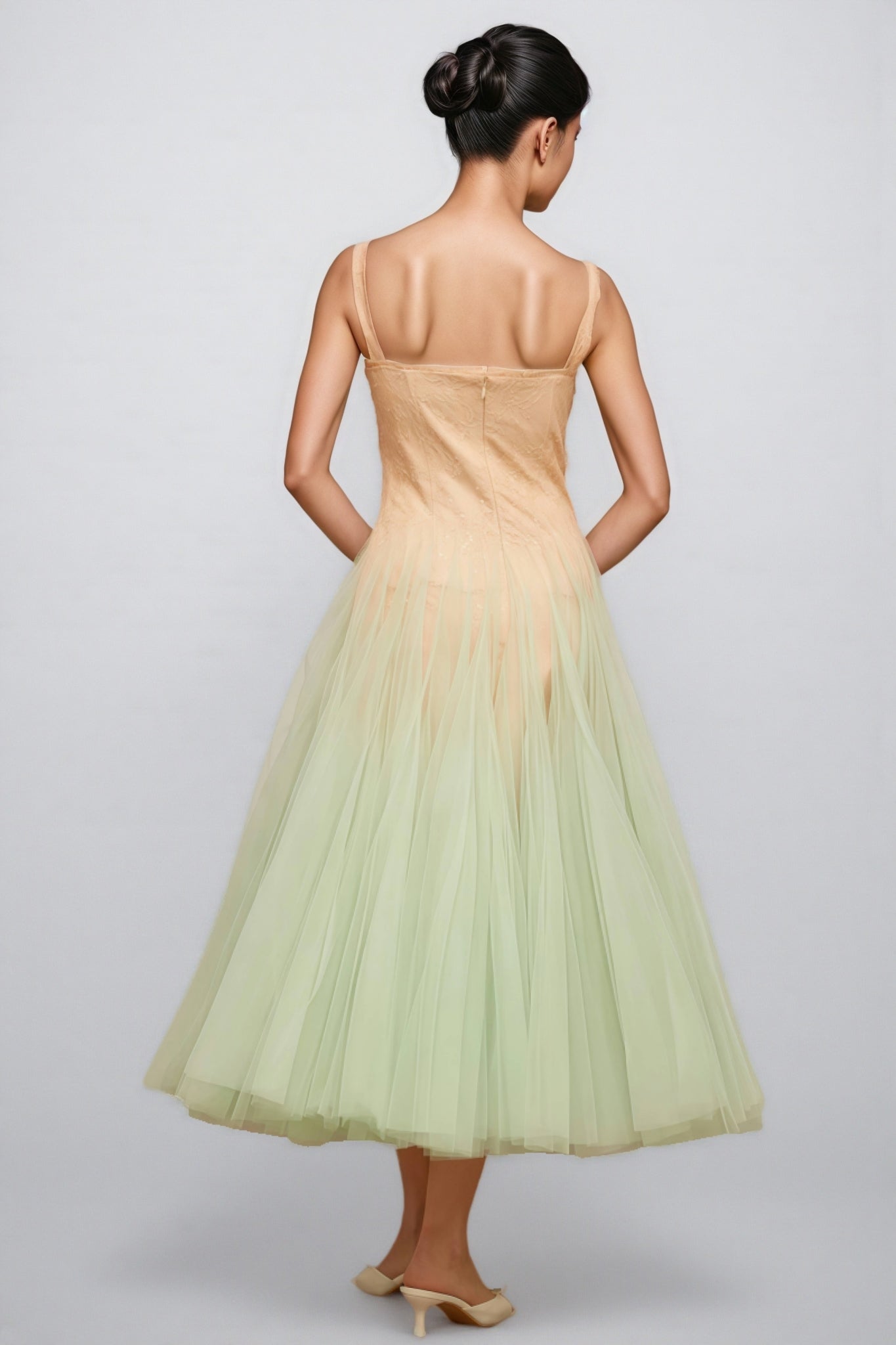 Ylane Halter Mesh Puff Maxi Dress
