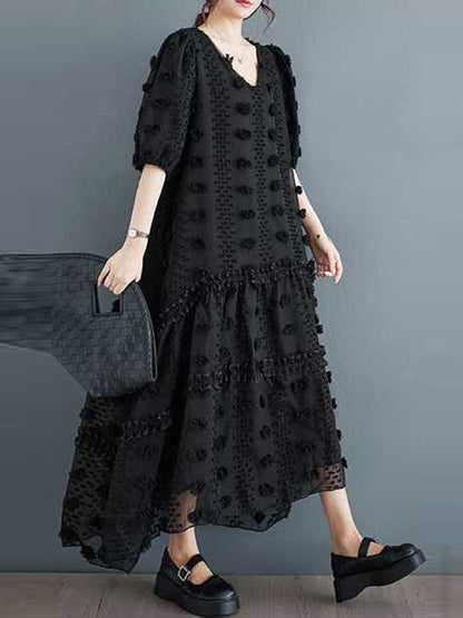 A-Line Half Sleeves Elasticity Jacquard Solid Color Split-Joint V-Neck Midi Dresses