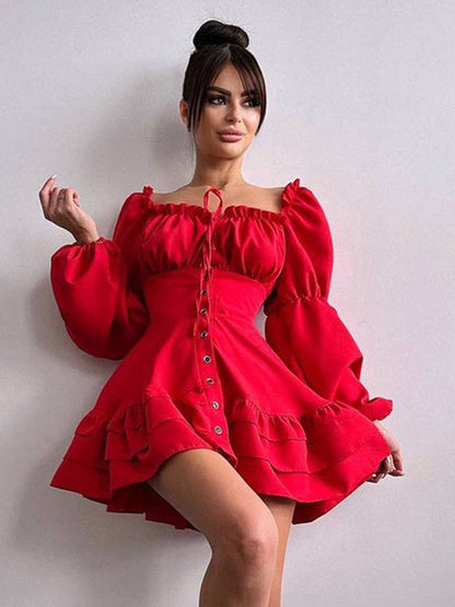 Mini Dresses Black Long Sleeves Pleated Polyester Layered Short Dress For Women
