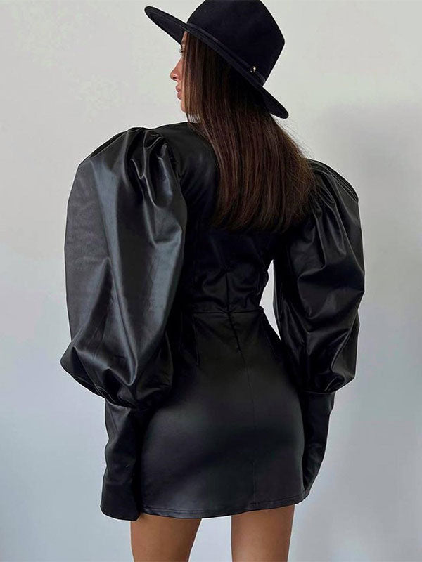 Leather Effect Sheath Dress Puff Sleeves V-Neck Sexy Mini Dresses