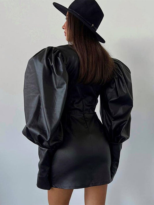 Leather Effect Sheath Dress Puff Sleeves V-Neck Sexy Mini Dresses