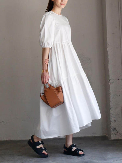 Half Sleeves Puff Sleeves Breathable See-Through Solid Color Round-Neck Midi Dresses
