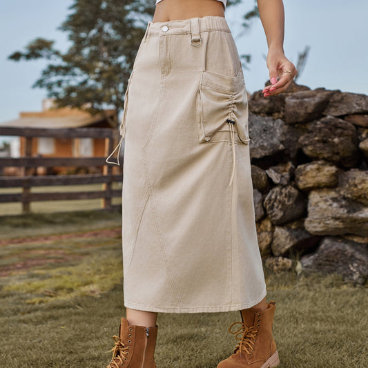 Women Clothing Retro Denim Cargo Pants Casual Midi Dress