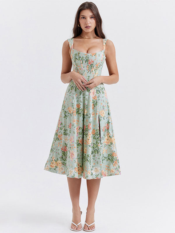 Floral Midi Dresses Backless Split Front U-Neck Sleeveless Lace-up Side Slit Chic Dress