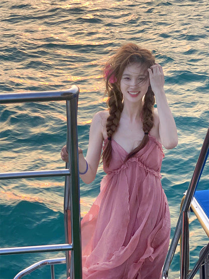 Blush Pink Halter Backless Maxi Dress – Dreamy Vacation & Beach Photoshoot Look