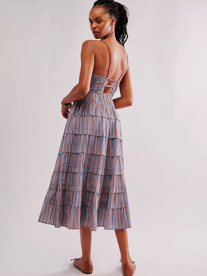 Bohemian Dress Layered Pleated Spaghetti Straps Backless Resort Midi Dresses