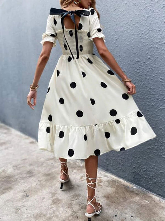Polka Dot Square Neck Short Sleeves Midi Dress