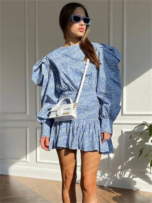 Pleated Long Sleeve Mini Dress