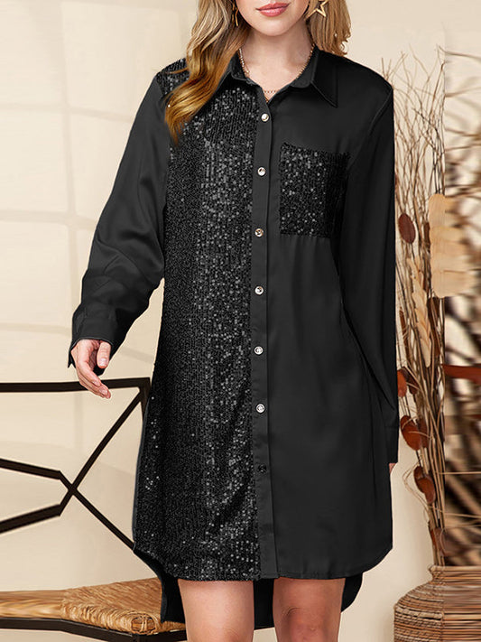 High-Low Long Sleeves Asymmetric Buttoned Pockets Sequined Lapel Mini Dresses Shirt Dress