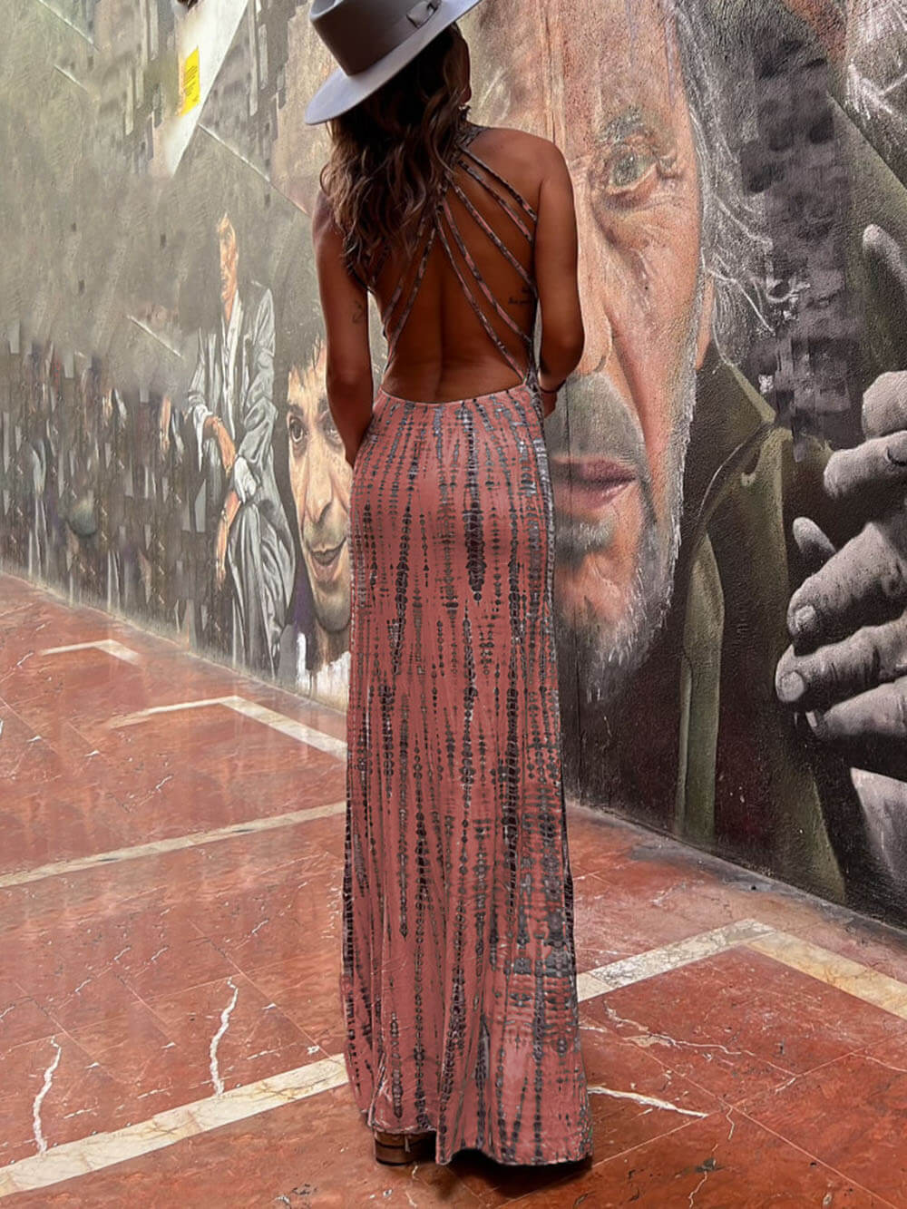 Sundown Serenity - Tie-Dye Lace-Up Maxi Dress