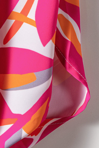 Rose Tropical Leafy Print Drawstring V Neck Midi Dress