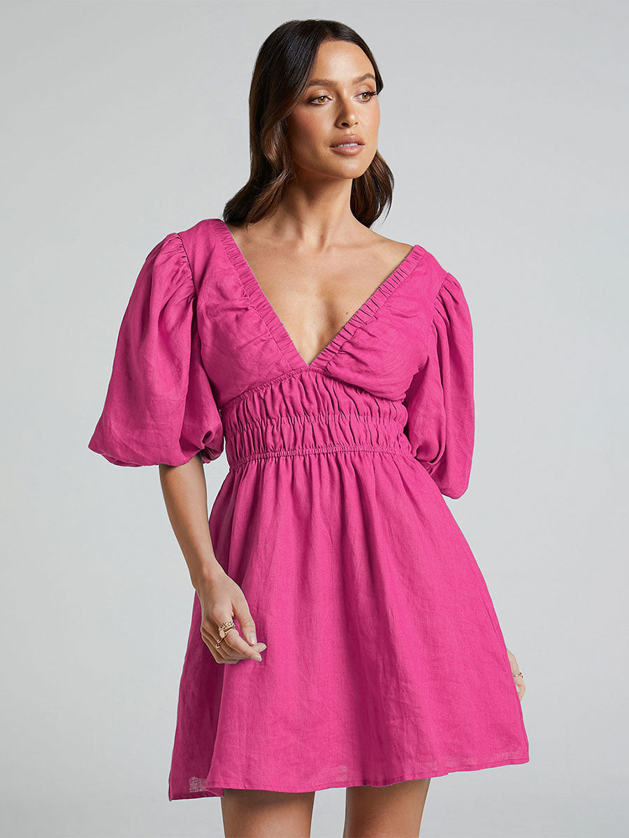 Summer Mini Dresses Blue V-Neck Lace Up Beach Dress