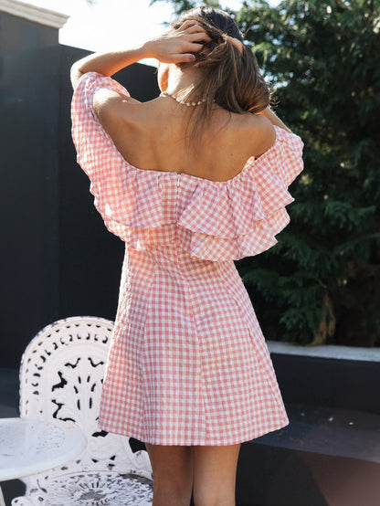 Barbie Pink Gingham Dress Bateau Neck Ruffles Plaid Summer Mini Dress
