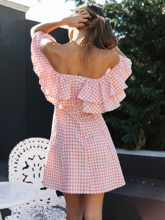 Barbie Pink Gingham Dress Bateau Neck Ruffles Plaid Summer Mini Dress