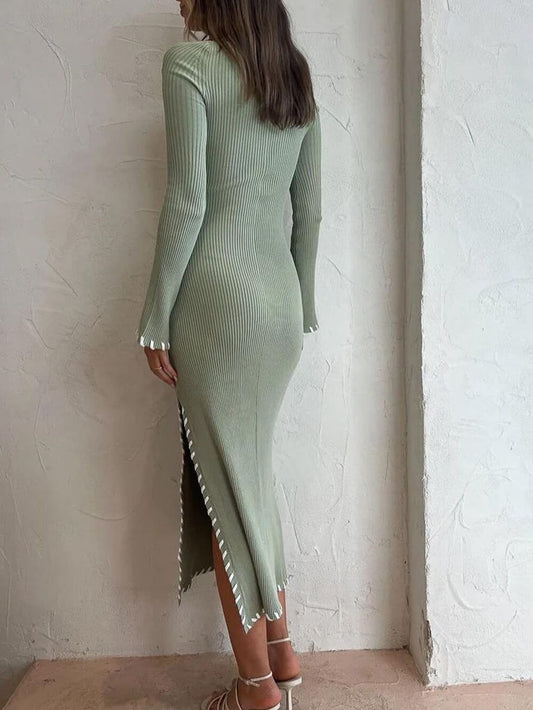 Sage Elegance - Ribbed Midi Dress