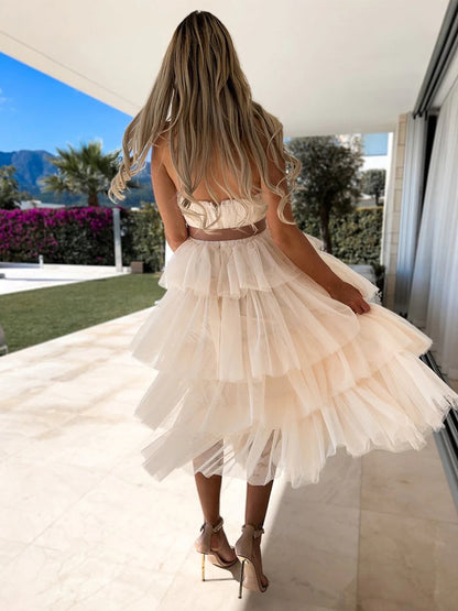 Tulle Ruffles Dress Off The Shoulder Layered Belted Party Maxi Dresses