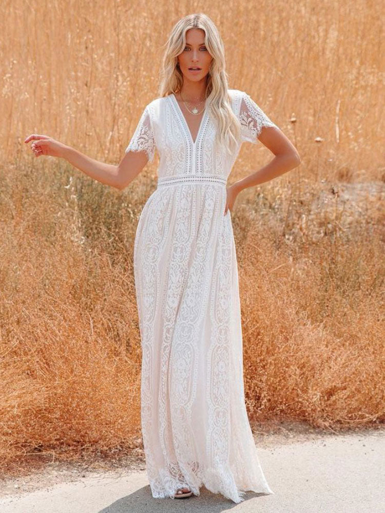 V-Neck Maxi Dress Half Sleeves Lace Bohemian Floor Length Dress