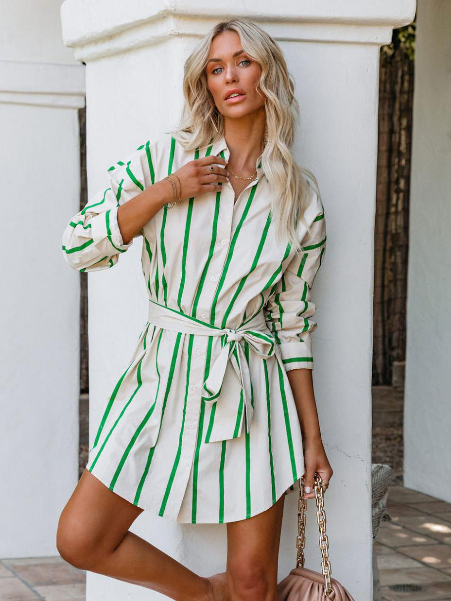 Shirt Midi Dress Green Turndown Collar Lace Up Long Sleeves Stripes Dresses