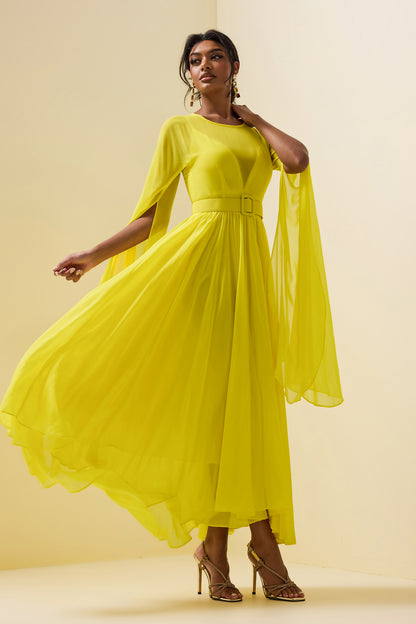 Mesh Solid Cape Sleeve Midi Dress With Belt