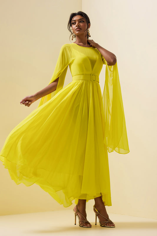Mesh Solid Cape Sleeve Midi Dress With Belt